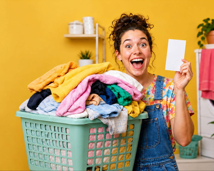 Lachende vrouw houdt een Tabblie wasstrip omhoog achter een wasmand vol kleurrijke was
