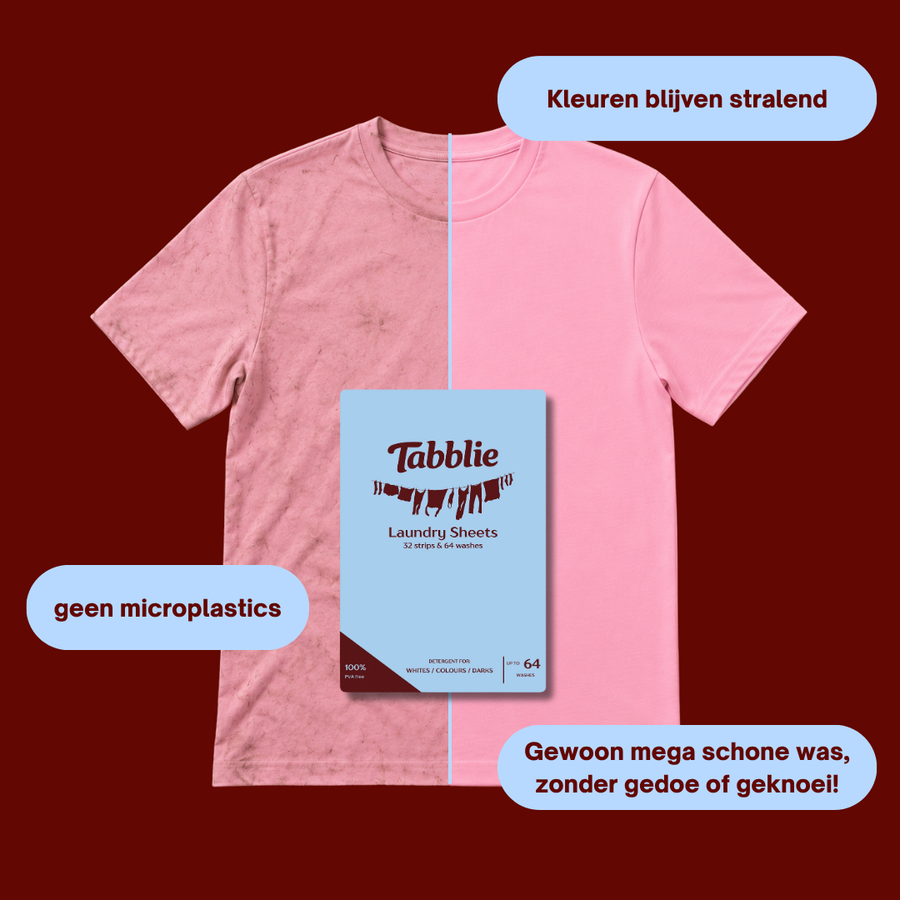 Voor en na: T-shirt half vuil, half schoon gewassen met Tabblie wasstrips, kleuren blijven stralend, geen microplastics