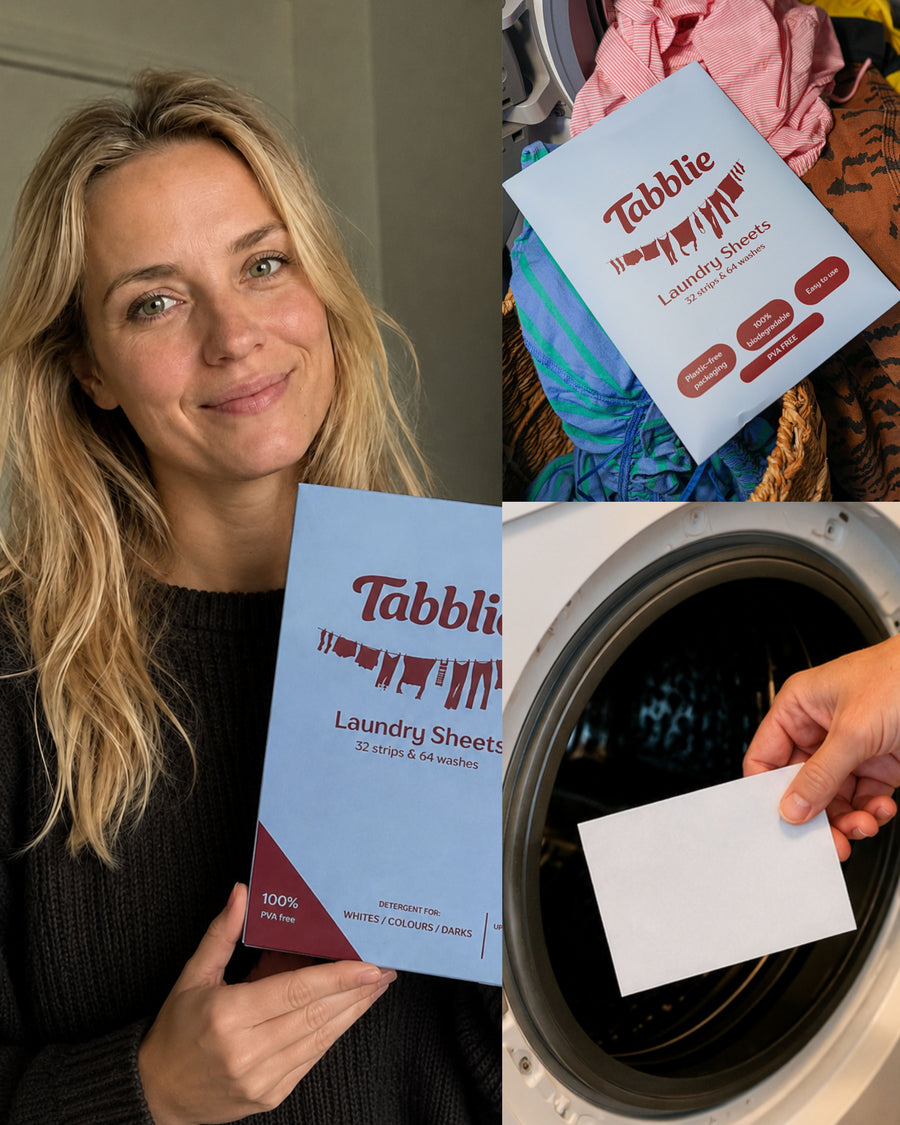 Vrouw met Tabblie Laundry Sheets, verpakking op de wasmand en een strip in de wasmachine