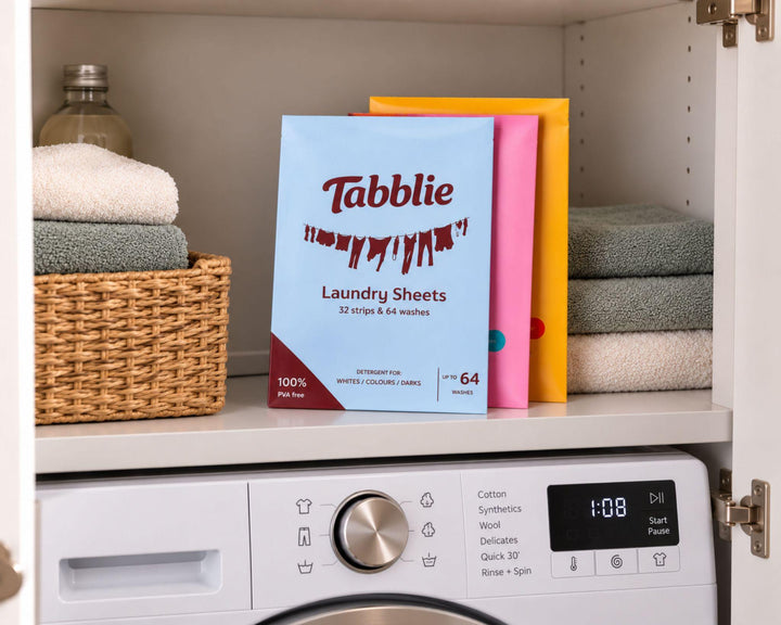 Wasmachine met daarboven opgevouwen handdoeken, een rieten mand en een pak Tabblie Wasstrips