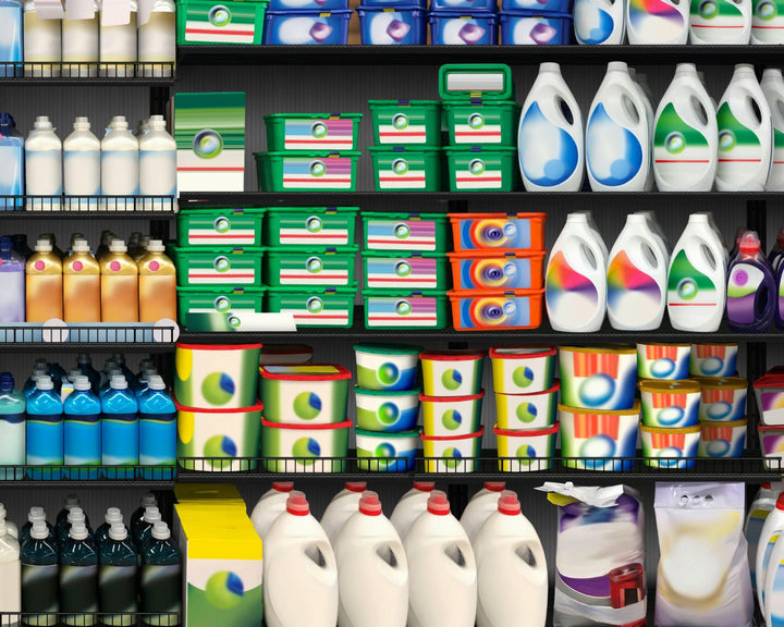 Supermarktschappen vol wasmiddelflessen en -dozen